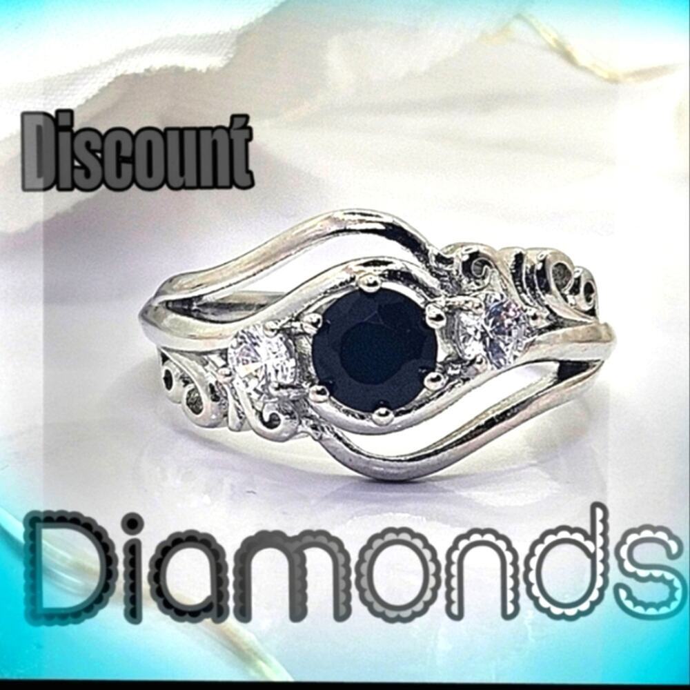 Black Round Onyx Cocktail Ring with Clear White Zircon on 925 Sterling Silver